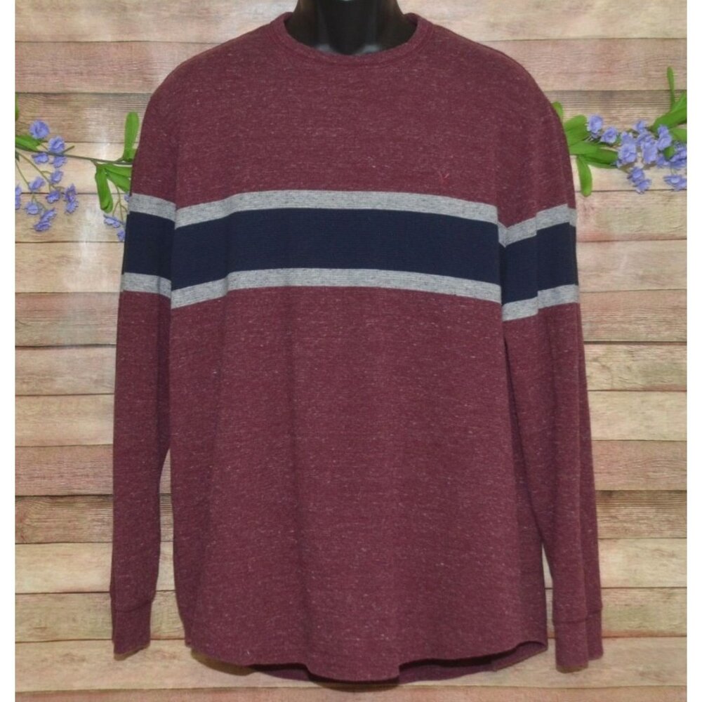 American Eagle Men's XXL Ribbed Knit Thermal Shirt Maroon Striped Crewneck Logo